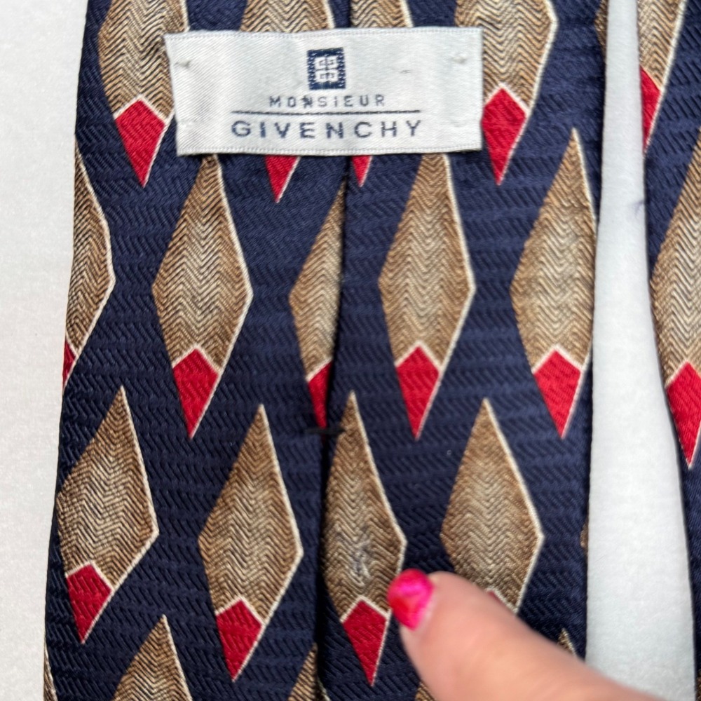 Givenchy Monsieur Vtg Mens Silk Necktie Navy Blue Red Tan Geometric Pattern READ - Picture 5 of 6